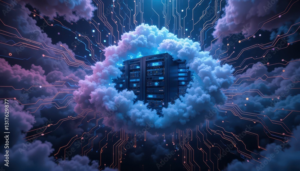 Aufkleber futuristic cloud computing data center surrounded by digital clouds