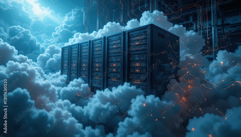 Poster digital server surrounded by clouds with glowing connections