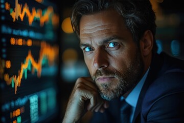 Fototapeta premium Man intensely studying financial data charts.