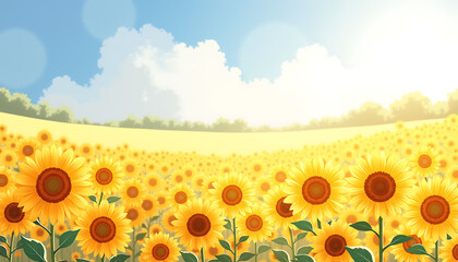 Summer watercolor scene: sunflowers on a bright yellow field, golden hues and transparent transitions under a blue sky, creating a sense of energy and joy