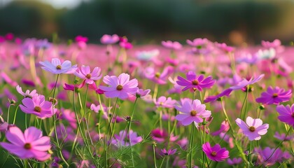 Fototapeta premium Ein weites Feld voller blühender Kosmeen in Pink, Rosa und Weiß unter strahlendem Sonnenlicht. Ein leichtes, sommerliches Naturmotiv voller Lebendigkeit. Generative KI.