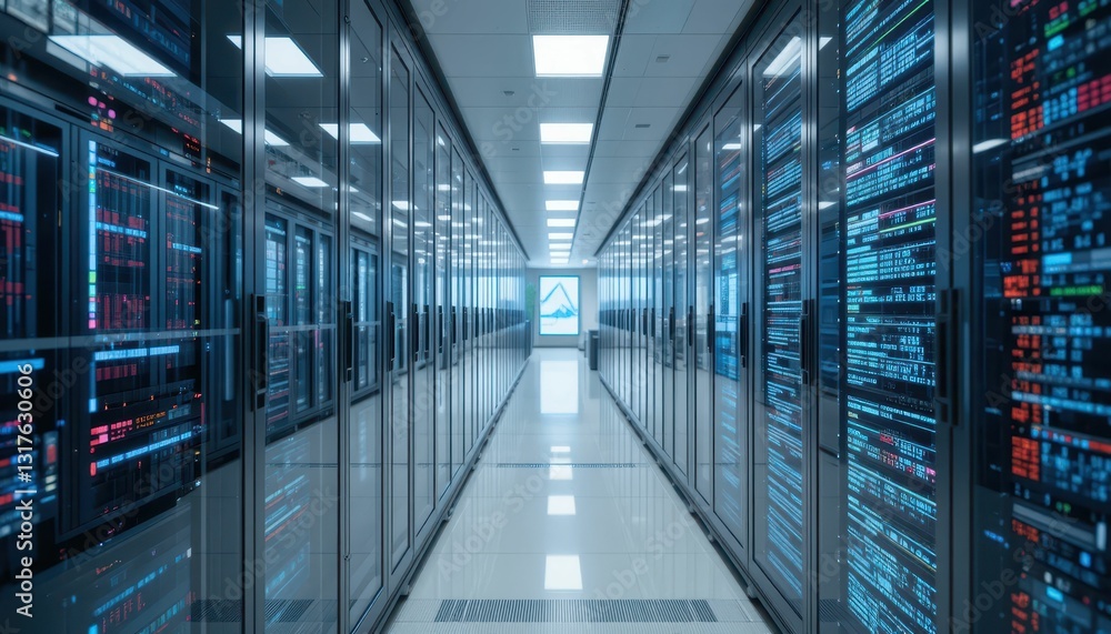 Poster modern data center interior with rows of server racks and lights