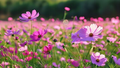 Obraz premium Ein weites Feld voller blühender Kosmeen in Pink, Rosa und Weiß unter strahlendem Sonnenlicht. Ein leichtes, sommerliches Naturmotiv voller Lebendigkeit. Generative KI.