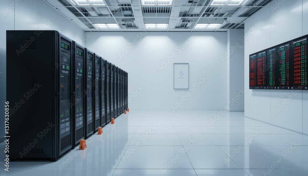Poster modern data center with server racks and digital displays