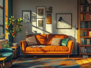 A cozy living room with a couch and bookshelves