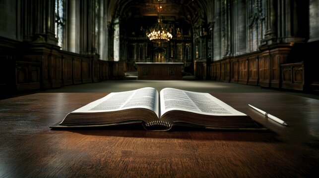 A historic manuscript opened to a beautifully illustrated page, laid flat on a clean wooden surface, with a quill beside it.