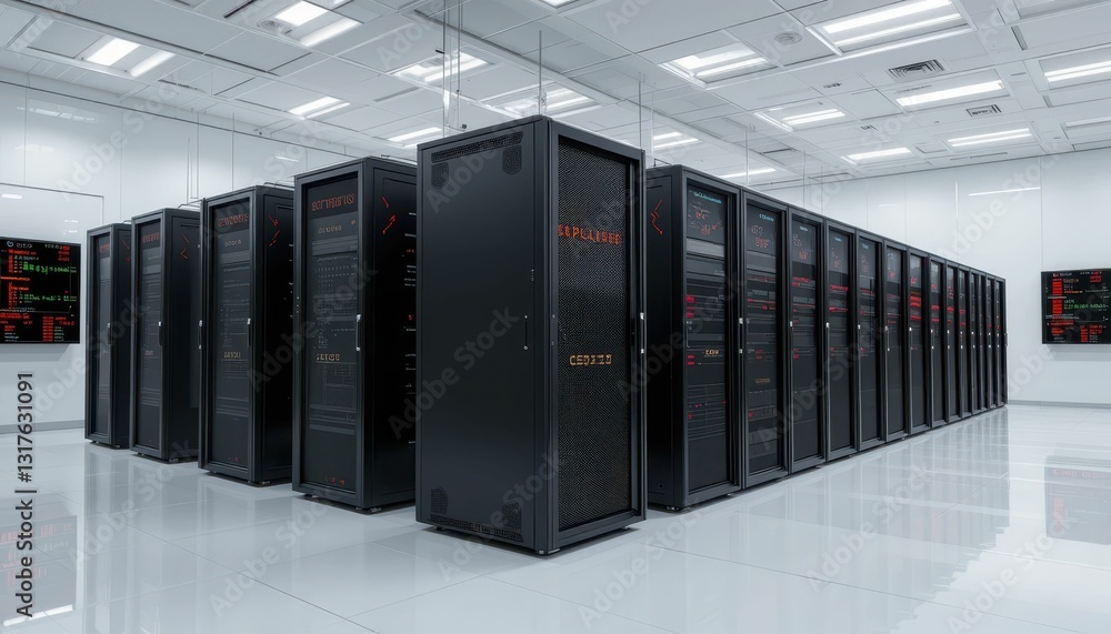 Poster modern data center with rows of server racks and high technology