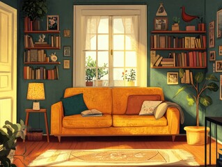 A cozy interior scene depicting a living room filled with books