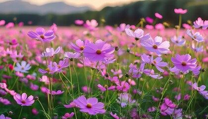 Fototapeta premium Ein weites Feld voller blühender Kosmeen in Pink, Rosa und Weiß unter strahlendem Sonnenlicht. Ein leichtes, sommerliches Naturmotiv voller Lebendigkeit. Generative KI.