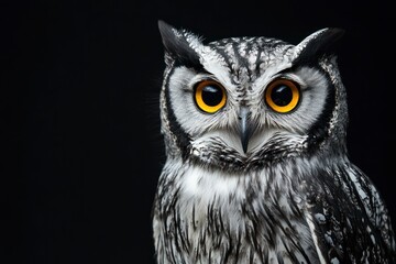 Obraz premium Close Up of Owl with Bright Yellow Eyes Against Black Background