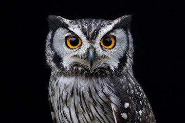 Staring Powerful Owl Close Up with Striking Yellow Eyes Against Black Backdrop