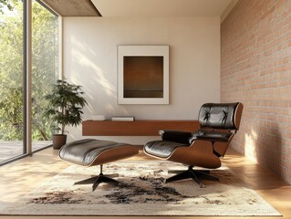 A modern living room features a comfortable lounge chair and art