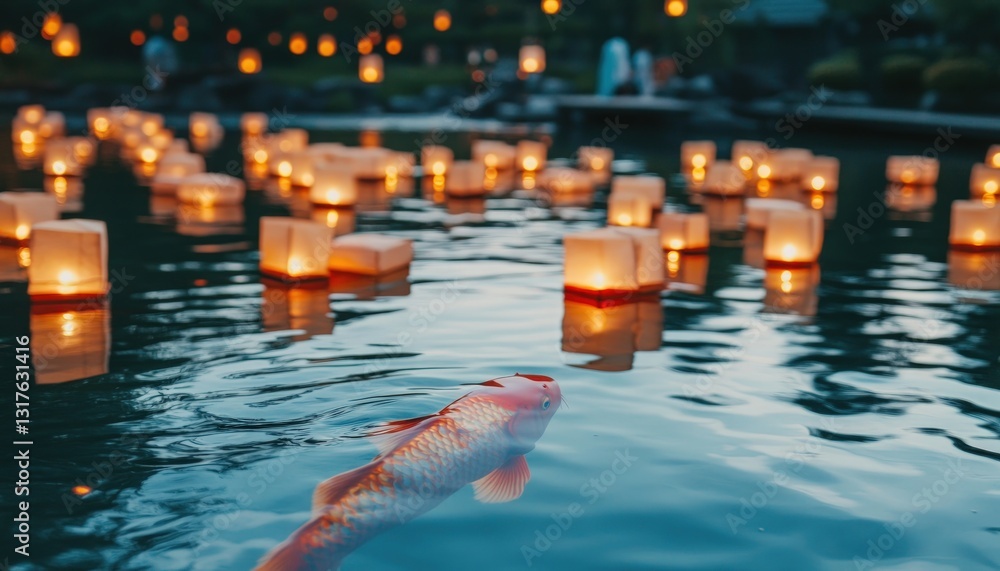 Aufkleber koi fish swims in a pond with floating illuminated lanterns at dusk. soft light reflects on water su