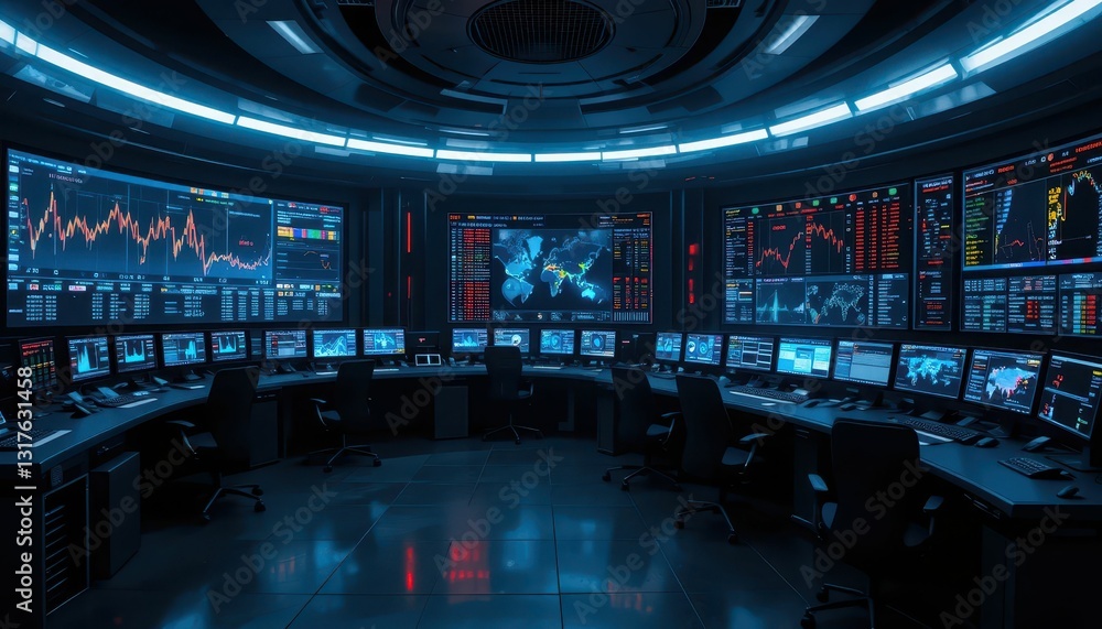 Poster futuristic trading room with multiple screens and data visualizations