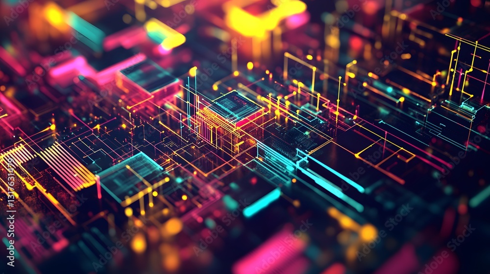 Poster futuristic circuit board with interconnected lines and components, glowing with vibrant colors, repr