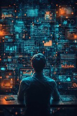 Person analyzing data streams on multiple screens