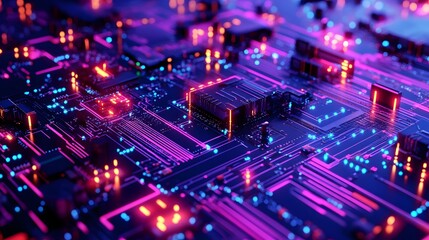 Fototapeta premium a neon-glowing, futuristic, circuit board with intricate details. This vibrant abstract backdrop features a close-up shot of glowing neon blue and pink lines on a black circuit board.