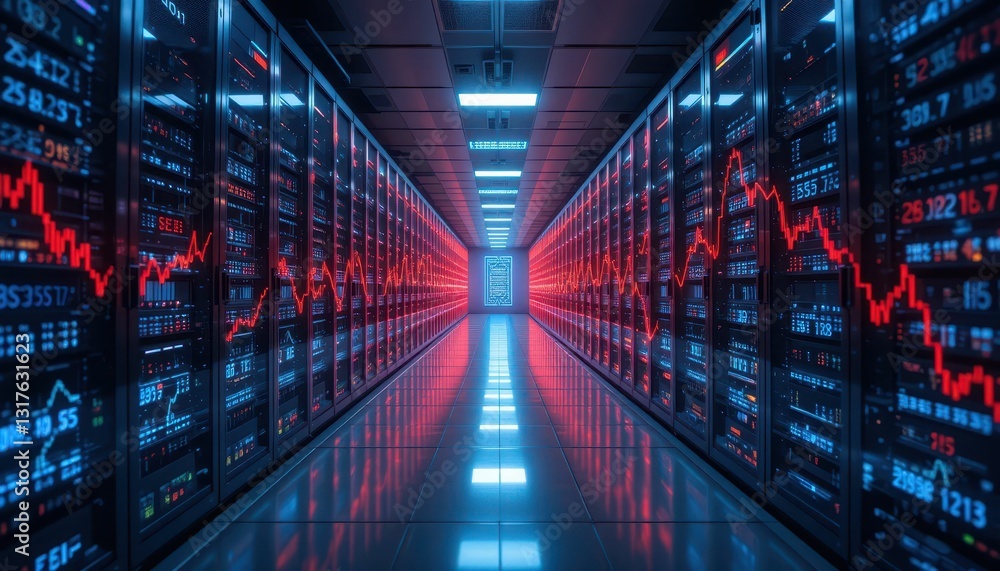 Poster data center corridor with servers and red digital graph trends