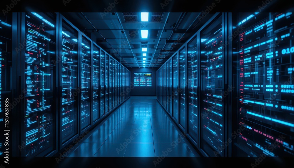 Poster high-tech server room with illuminated data panels and racks