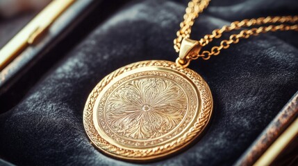 A delicate gold necklace with intricate engravings placed inside a premium jewelry case