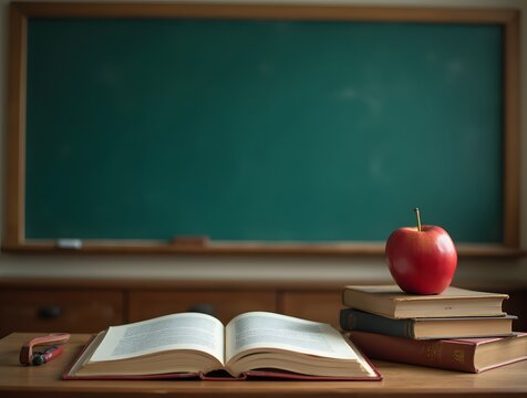 An open book, a stack of books, and a red apple sit on a wooden desk before a chalkboard
