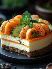 Delicious no bake mandarin cheesecake decorated with cucumber and mint