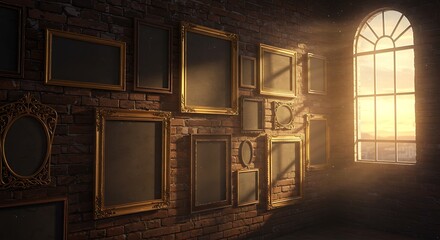 Framed Art on Brick Wall Near Window with Sunlight Streaming in