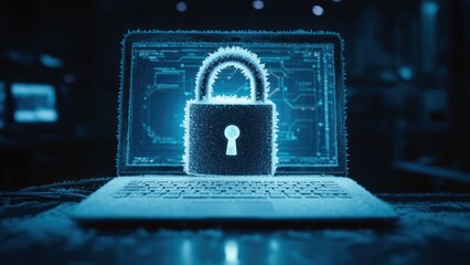 Icy Cybersecurity: Frozen Padlock Protecting Data on a Laptop Against Digital Threats