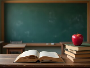 An open book, a stack of books, and a red apple sit on a wooden desk before a chalkboard