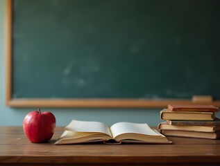 An open book, a stack of books, and a red apple sit on a wooden desk before a chalkboard