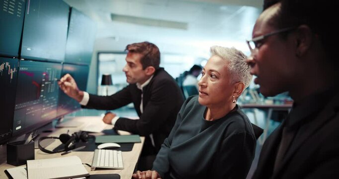 Computer, conversation and business people in office with trading for company finance revenue. Technology, talk and team of financial managers monitor profit, charts and online investment analysis.