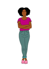 Young Black woman standing. Vector illustration of pretty african american girl in smart casual office outfit. Attractive Cartoon female character outline drawing Isolated 