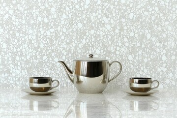 Obraz premium An Edwardian silver tea set elegantly arranged on a polished marble surface, casting soft reflections in natural light.