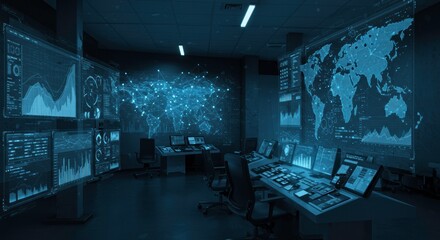 Global Network Monitoring Center High Tech Data Analytics and Cybersecurity Command Room