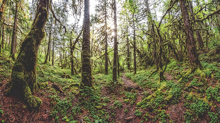 Sunlit mossy forest trail, lush green undergrowth, background trees, nature photography for travel brochures