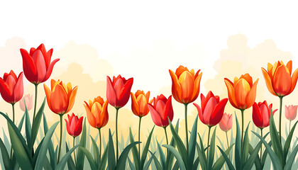 Bright watercolor tulips are lined up in a row, creating a harmony of bright colors in the garden ensemble