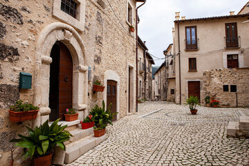 The wonderful medieval town of Castel del Monte, nestled in the Abruzzo mountains during autumn,...