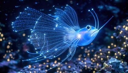 Naklejka premium Luminous blue fish with elaborate fins swims in a dark underwater environment with vibrant coral and subtle light patterns