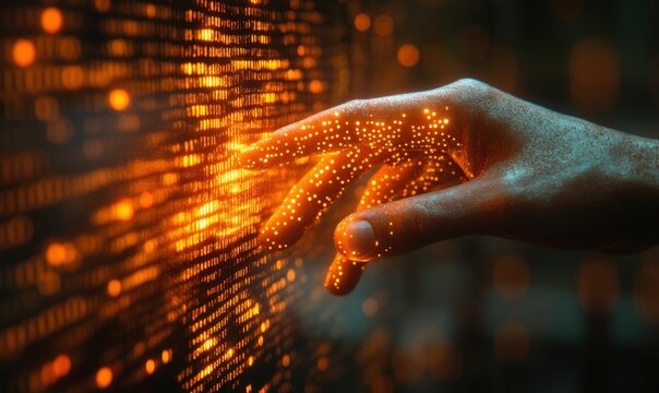 Glowing hand touches digital code wall