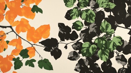 Vibrant foliage featuring orange and green leaves against a neutral background, creating a lively and fresh atmosphere