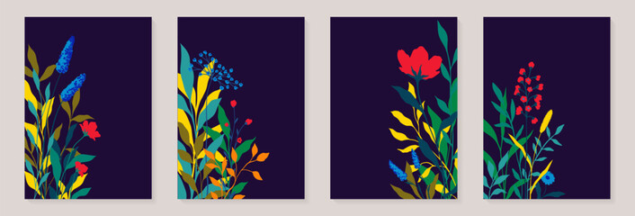 Creative minimalist Abstract art background with leaves branch and Hand Drawn doodle Scribble floral plants. Abstract leaf. Design wall decoration, postcard, poster or brochure