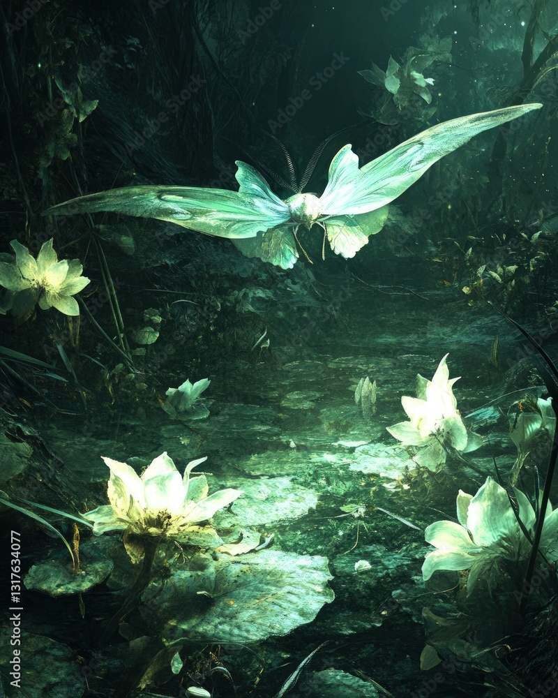 Aufkleber luminous ethereal butterfly and glowing lily pads in a dark, mysterious underwater setting with abst