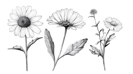 Detailed black and white illustration of three different flower species with intricate leaf designs, showcasing nature's beauty