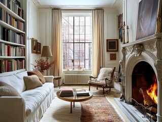 A cozy living room features a lit fireplace and bookshelves