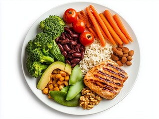 Healthy Plate: This image presents a nutritionally balanced meal arrangement on a plate, showcasing a variety of colorful and wholesome foods designed to nourish and fuel the body.