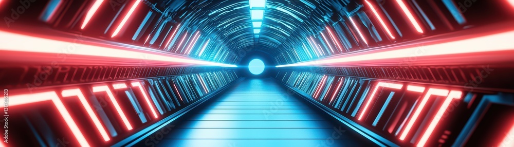 Poster futuristic endless tunnel with neon lights and digital depth perspective in 3d render