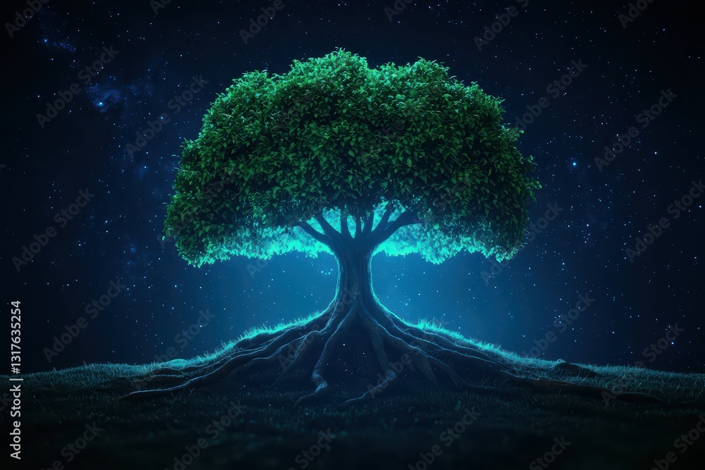 Poster enchanted 3d fantasy tree with glowing roots and branches in a starry night setting