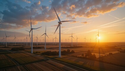 Obraz premium Scenic Wind Turbines Against Sunset Over Agricultural Landscape