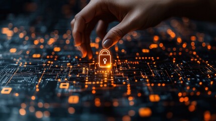 Naklejka premium Hand activates digital lock glowing circuit board