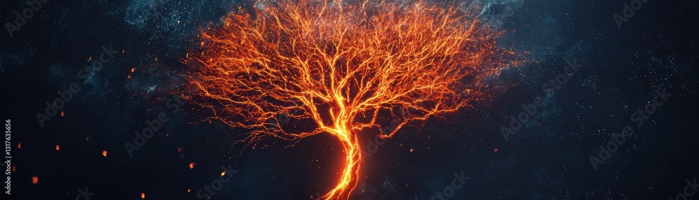 Poster glowing energy tree in sci-fi space with luminescent core and dynamic branches